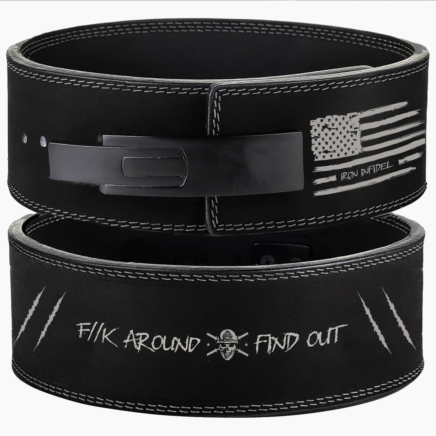 Iron Infidel - Weight Lifting Belt - Heavy-Duty Leather Weight Lifting Belt - (FAFO) XL - Fast & Easy Steel Lever Buckle - Superior Support & Stability in Powerlifting Bodybuilding Fitness